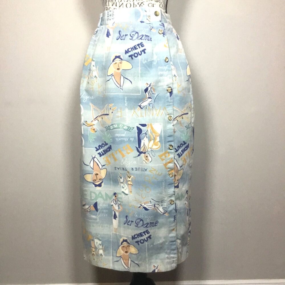 Vintage French pencil maxi skirt buttons beach retro blue cream waist 26" XS/S